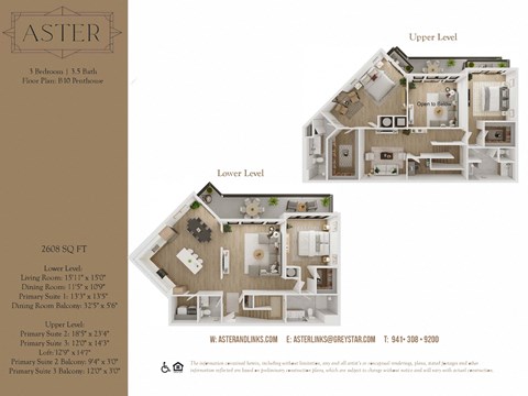 Floor plan for 3 beds, 3.5 baths, 2608 sqft
